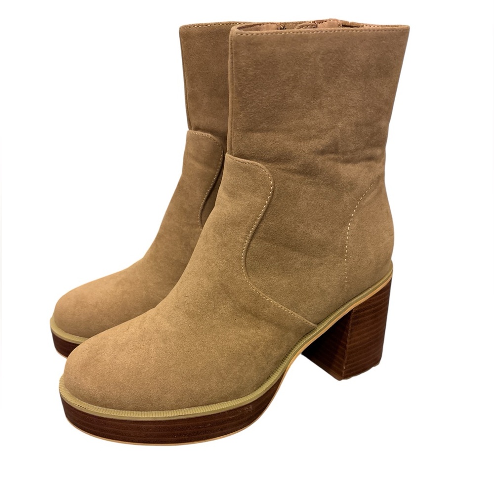 Oasis Society Tan Suede Block Heel Mid-Calf Boots
